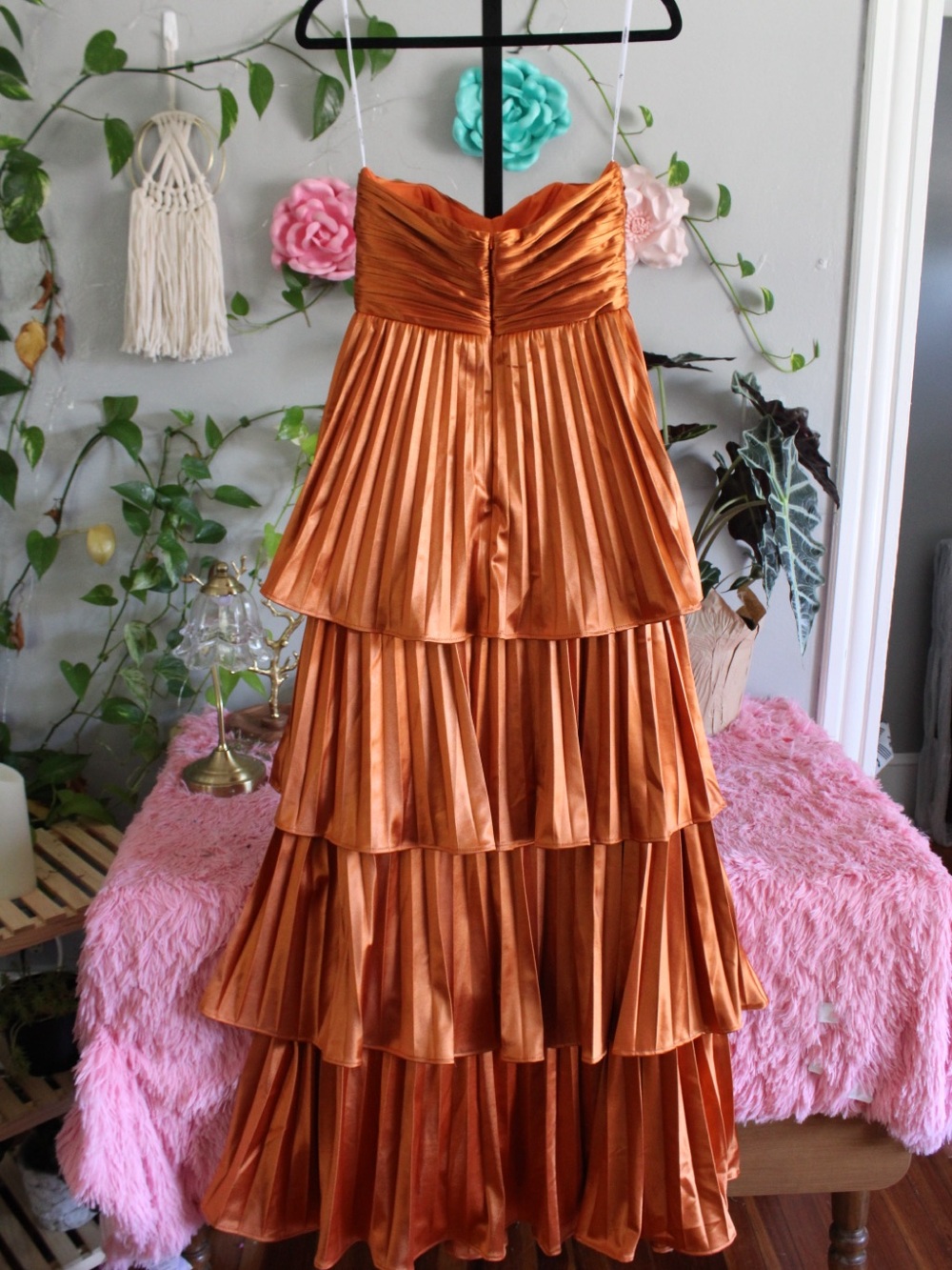 Strapless Tiered Satin Evening Gown in Copper - Picture 4 of 9